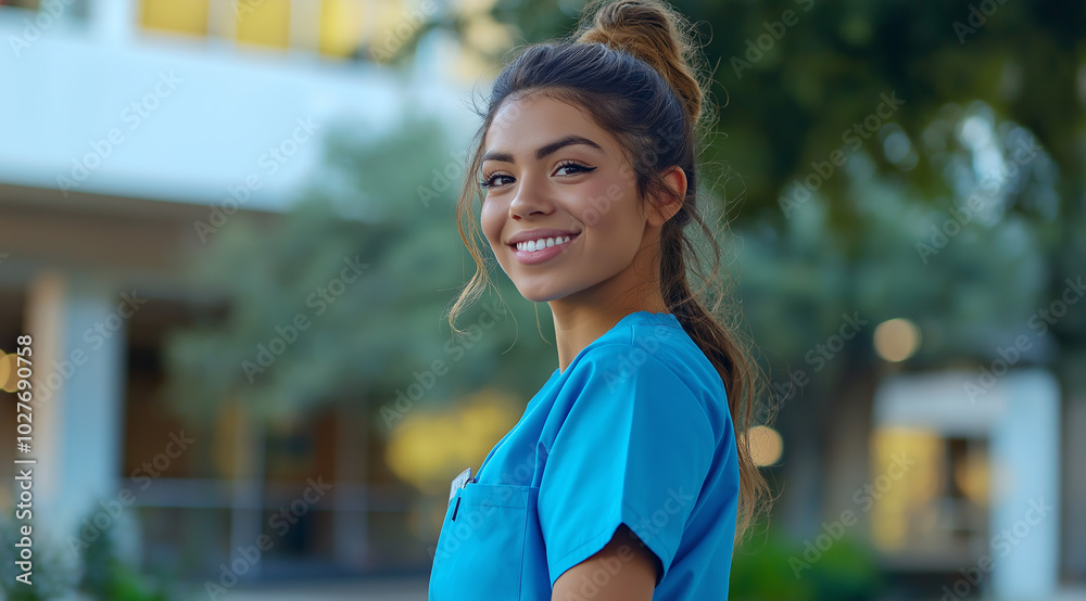 A beautiful young nurse in blue scrubs stands outside an hospital building A beautiful young nurse in blue scrubs stands outside an hospital building