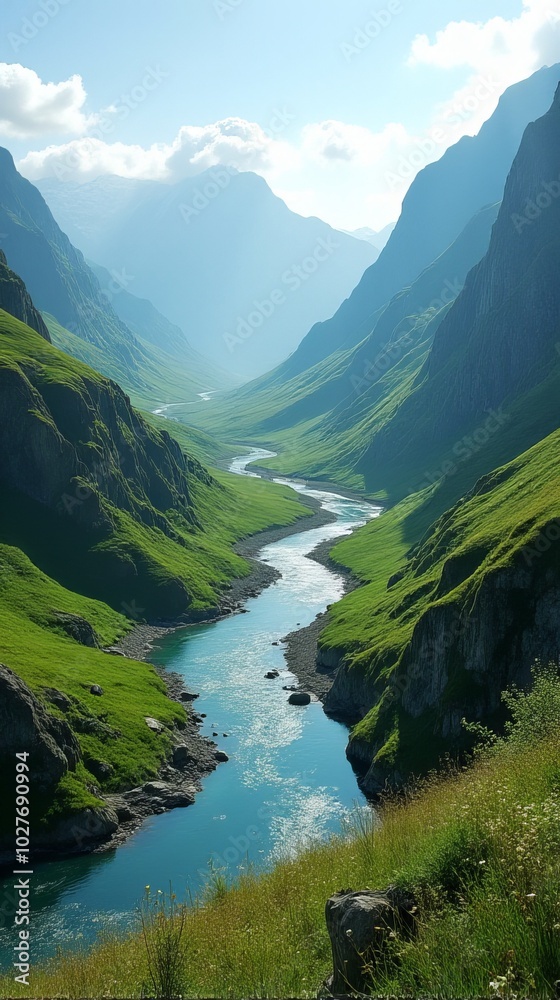 Meandering River Flowing Through a Lush Green Valley With Steep, Rocky Slopes. The Surrounding Landscape is Dotted With Various Shades of Green Vegetation and Wildflowers Meandering River Flowing Through a Lush Green Valley With Steep, Rocky Slopes. The Surrounding Landscape is Dotted With Various Shades of Green Vegetation and Wildflowers