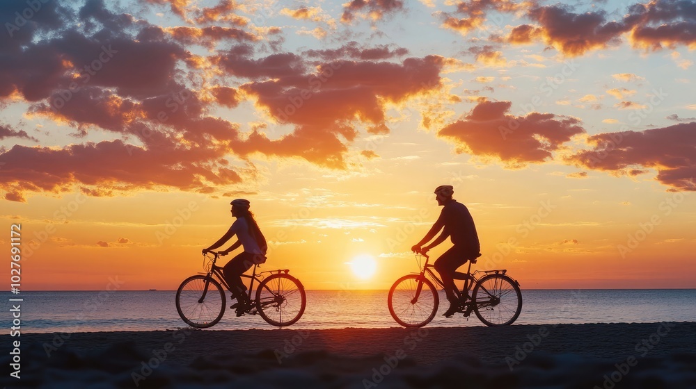 Obraz premium Silhouetted couple riding bicycles on a beach promenade at sunset