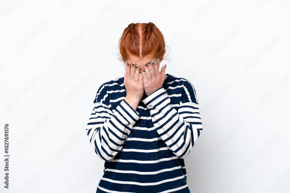 Young reddish woman isolated on white background with tired and sick expression Young reddish woman isolated on white background with tired and sick expression
