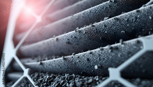 Close-up of multi-stage air filter with uv radiation and activated carbon granules. Replaceable carbon air purifier filter. Hepa filter surface background isolated with white highlights, png