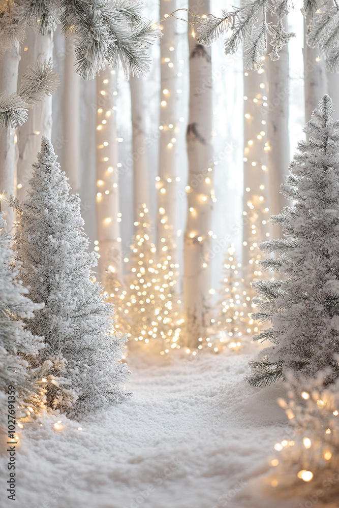 Fototapeta premium Beautiful snowy winter forest with lights