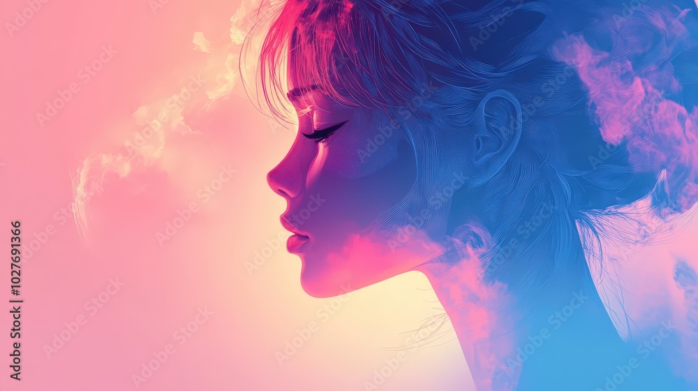 Modern Anime Vector Illustration with Future Hologram Poster Effect Modern Anime Vector Illustration with Future Hologram Poster Effect
