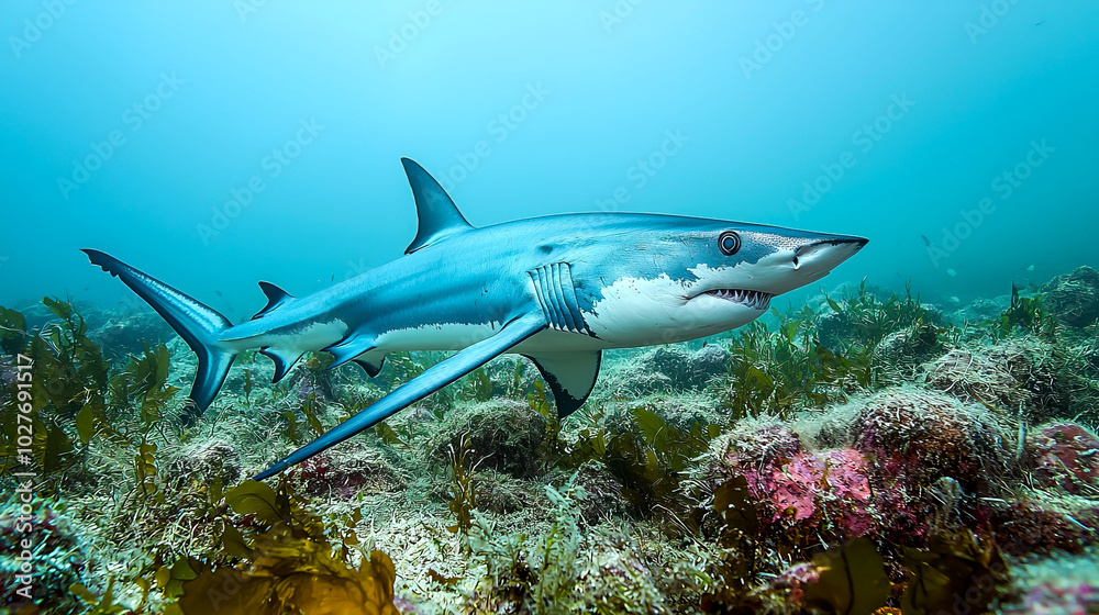 Fototapeta premium Shark swimming in a vibrant underwater environment.