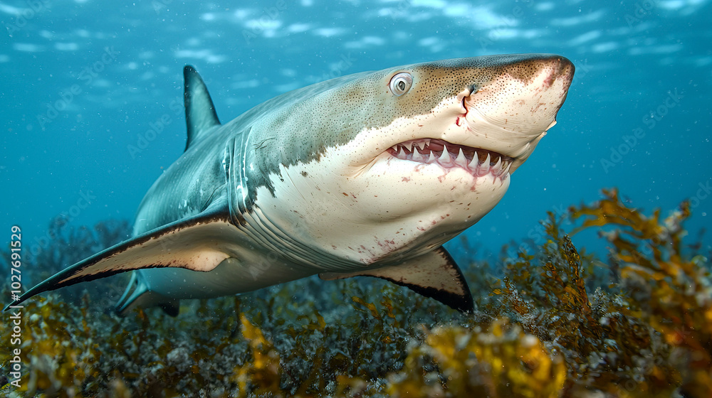 Naklejka premium Shark swimming in clear blue ocean waters.