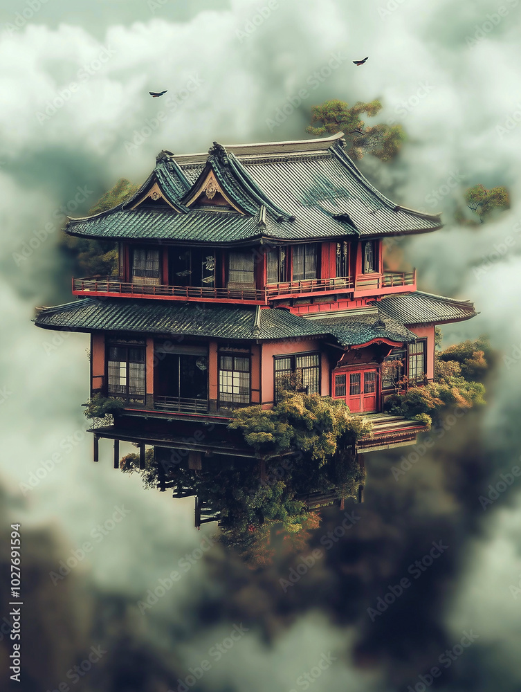 Japanese style house with waterfalls, postcard, design Japanese style house with waterfalls, postcard, design