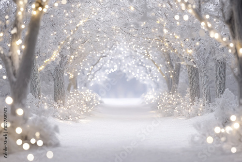 Beautiful snowy winter forest with lights