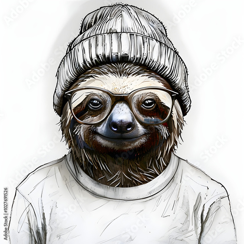 black and white portrait of a hipster sloth photo