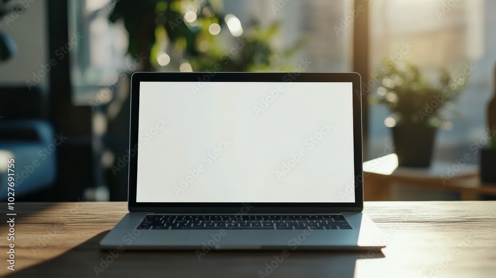 A laptop with a blank screen sits on a wooden desk in a modern office with plants in the background. A laptop with a blank screen sits on a wooden desk in a modern office with plants in the background.