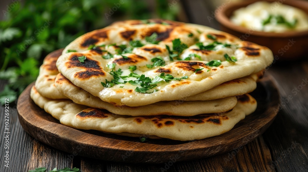 Freshly Baked Naan Bread with Herbs and Sauce Freshly Baked Naan Bread with Herbs and Sauce