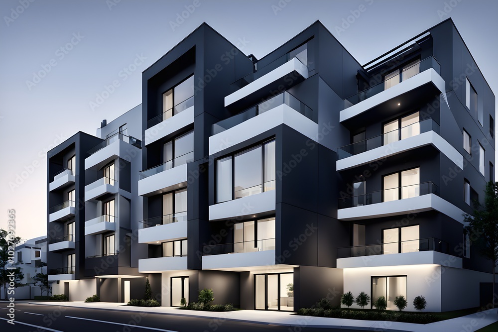 modern real estate apartment building in clean geometric forms in black and white