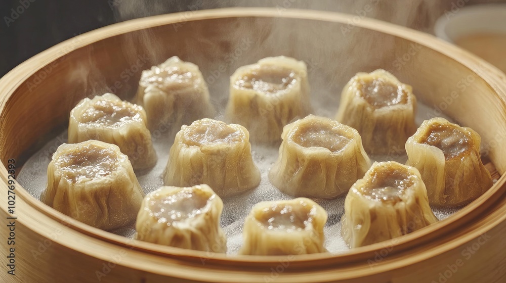 Delicious Steamed Dumplings in Bamboo Basket Delicious Steamed Dumplings in Bamboo Basket