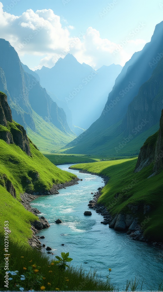 Fototapeta premium Meandering River Flowing Through a Lush Green Valley With Steep, Rocky Slopes. The Surrounding Landscape is Dotted With Various Shades of Green Vegetation and Wildflowers