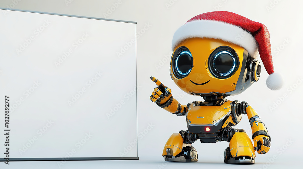A robot wearing a Santa Claus hat points to a blank advertising banner. A robot wearing a Santa Claus hat points to a blank advertising banner.