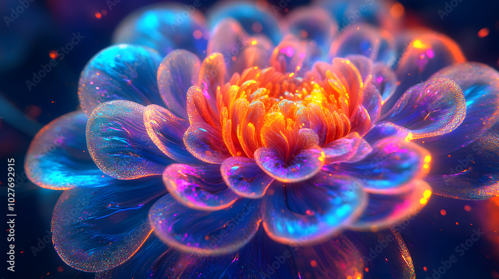 An Ethereal and Surreal Close-Up of a Neon Flower Blooming in a Mysterious Background