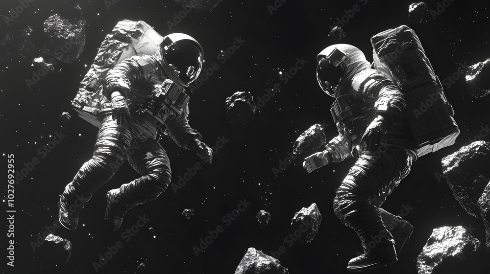 Fototapeta premium A Journey Through the Cosmos: Two Robot Astronauts Navigate the Asteroid Belt While Surrounded by Floating Meteorite Fragments
