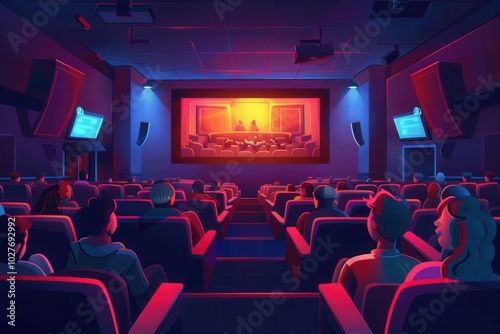 People are gathered in a cozy theater, immersed in a film on a large screen, enjoying a shared cinematic experience together. Generative AI