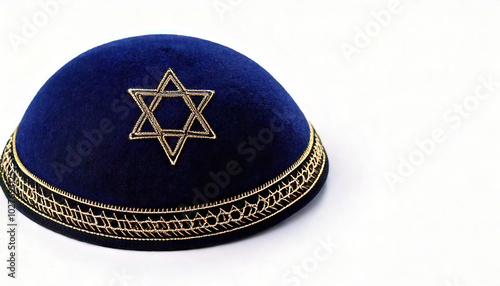 kippah, yarmulke, yamaka, bullcap, or koppel is a brimless cap, usually made of cloth, traditionally worn by orthodox Jewish males. Isolated on white background. Hand made stitched photo