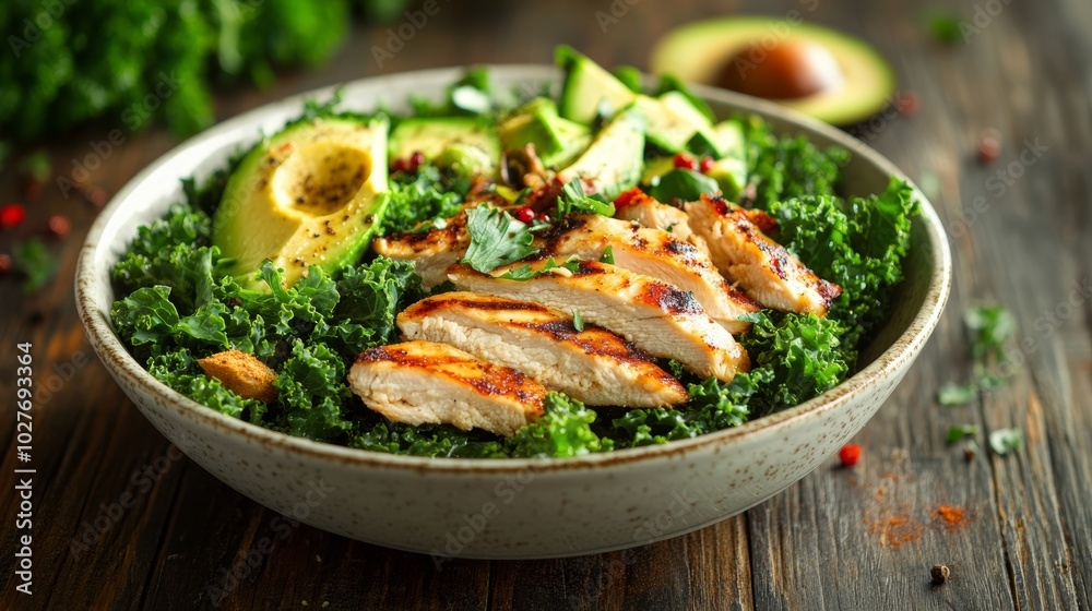 Grilled Chicken and Avocado Salad on Rustic Wooden Table Grilled Chicken and Avocado Salad on Rustic Wooden Table