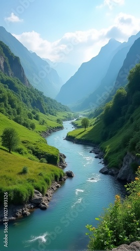 Meandering River Flowing Through a Lush Green Valley With Steep, Rocky Slopes. The Surrounding Landscape is Dotted With Various Shades of Green Vegetation and Wildflowers