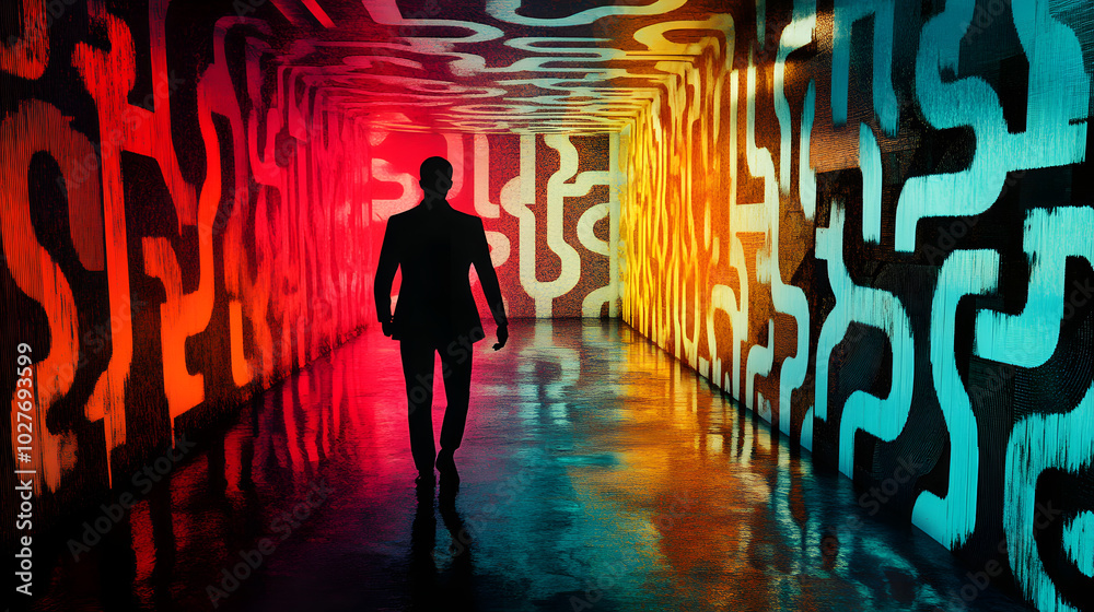 Imaginative Abstract Visuals of Human Silhouettes Navigating a Geometric Maze Illustrating the Mentorship Journey and Personal Development
