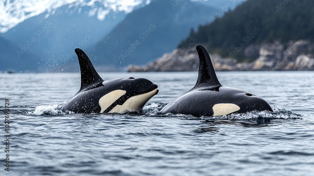 Fototapeta premium Two orcas swimming in a serene ocean landscape.