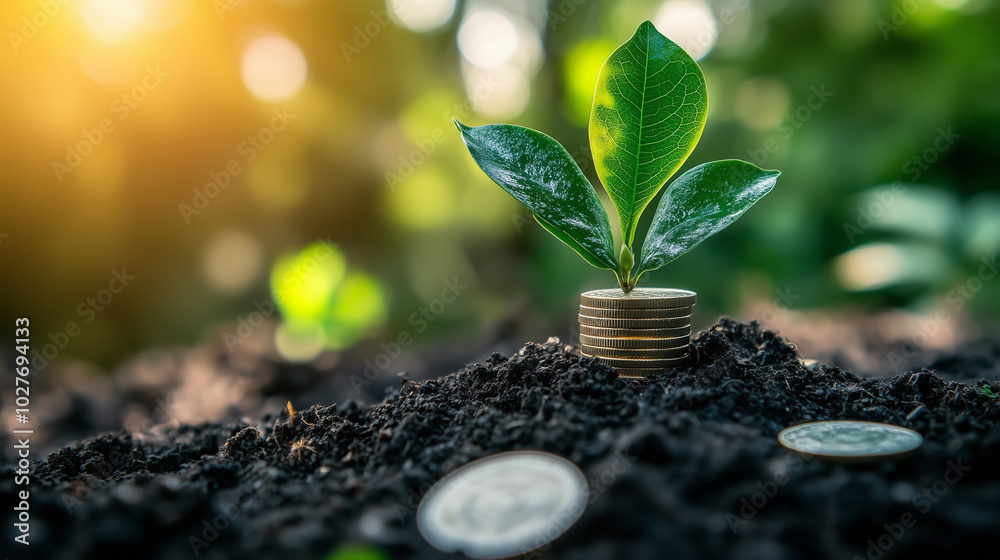 Stacking green finance opportunities can lead to economic growth with money and coins representing the benefits of this sustainable concept Stacking green finance opportunities can lead to economic growth with money and coins representing the benefits of this sustainable concept