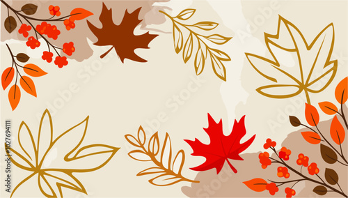 A colorful autumn background with leaves and berries. The background is a mix of red, orange, and brown colors. Vector flat illustration	