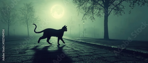 Silhouette of a cat walking through a foggy street under the moonlight. photo