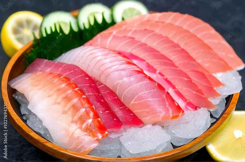 plate of sashimi, a Japanese dish consisting of thinly sliced raw fish, arranged in a beautiful pattern, accompanied by cucumber and lemon slices. plate of sashimi, a Japanese dish consisting of thinly sliced raw fish, arranged in a beautiful pattern, accompanied by cucumber and lemon slices.