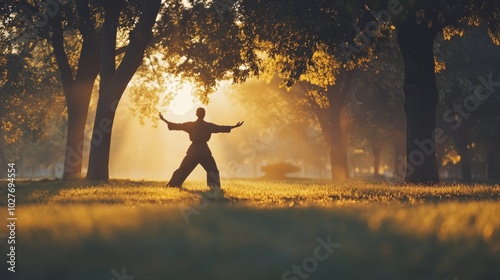 Silhouette of a Person Practicing Tai Chi in a Sunlit Park