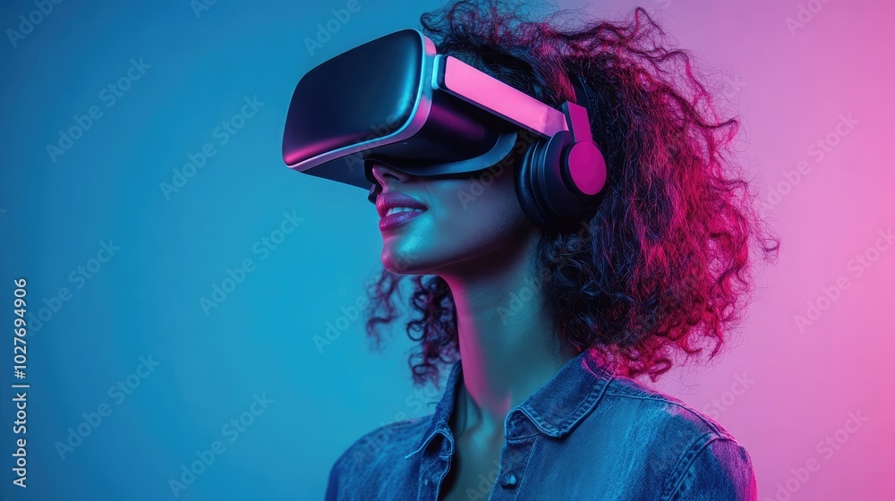 Young woman immersed in a virtual reality headset Young woman immersed in a virtual reality headset