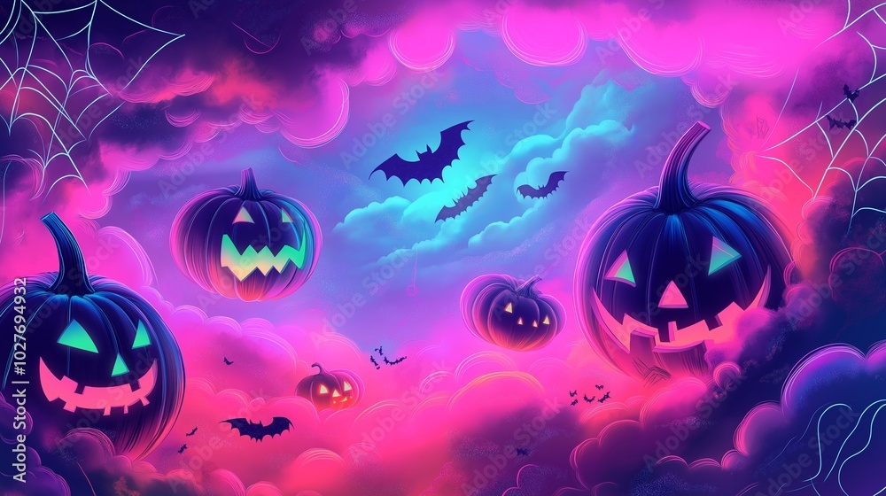 A vibrant Halloween card design with abstract shapes of neon-colored pumpkins, bats, and swirling clouds, all set against a glowing pink and blue sky, creating a playful, eerie feel. A vibrant Halloween card design with abstract shapes of neon-colored pumpkins, bats, and swirling clouds, all set against a glowing pink and blue sky, creating a playful, eerie feel.