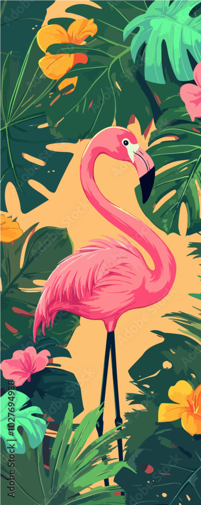 Fototapeta premium vector image of a pink flamingo on a background of green exotic palm leaves and monstera for wallpaper, generative AI