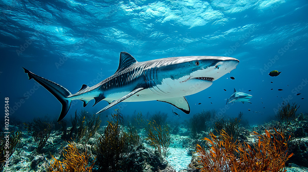 Fototapeta premium Underwater scene featuring a shark and marine life.
