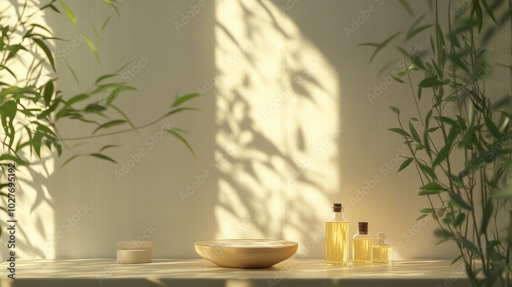 Serenity in Sunlit Minimalist Bathroom with Wooden Bowl and Oil Bottles Serenity in Sunlit Minimalist Bathroom with Wooden Bowl and Oil Bottles