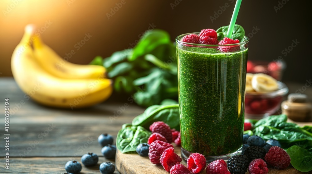 Vibrant Green Smoothie with Fresh Berries and Spinach on Rustic Table Vibrant Green Smoothie with Fresh Berries and Spinach on Rustic Table
