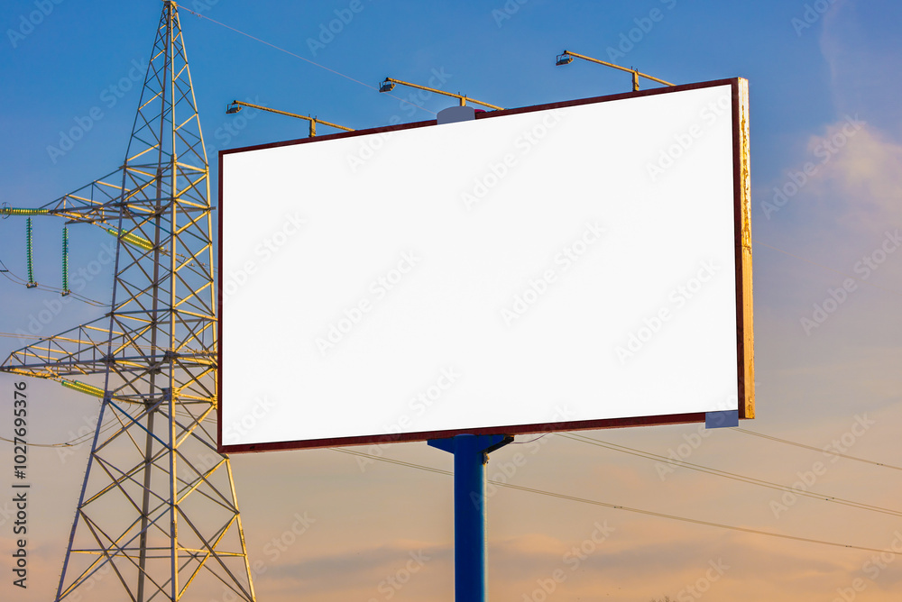 white billboard along the highway on a winter snow day. Background for design and advertising. white billboard along the highway on a winter snow day. Background for design and advertising.