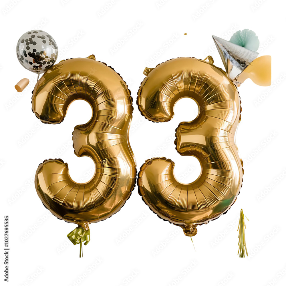 Fototapeta premium Gold Balloon Number 33 with Streamers