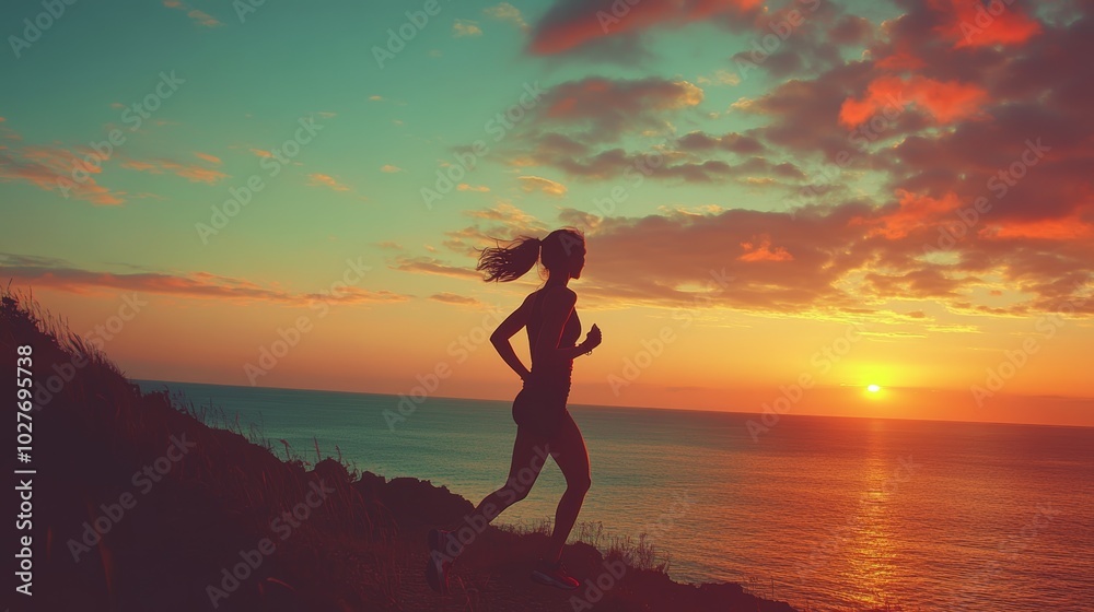 Silhouette of a Runner Against a Vibrant Ocean Sunset Skyline Silhouette of a Runner Against a Vibrant Ocean Sunset Skyline