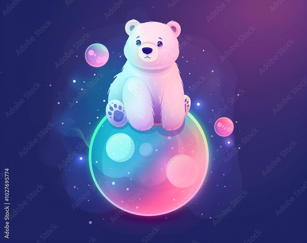 white polar bear on top of iridescent spheres, floating in space, dark blue background
