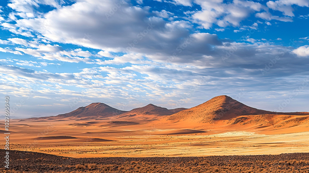 Fototapeta premium Vast desert landscape under a blue sky.