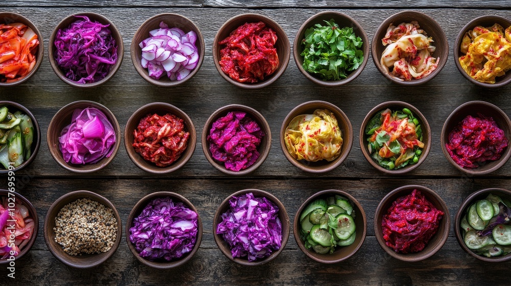Colorful Bowls of Fresh Vegetables and Herbs