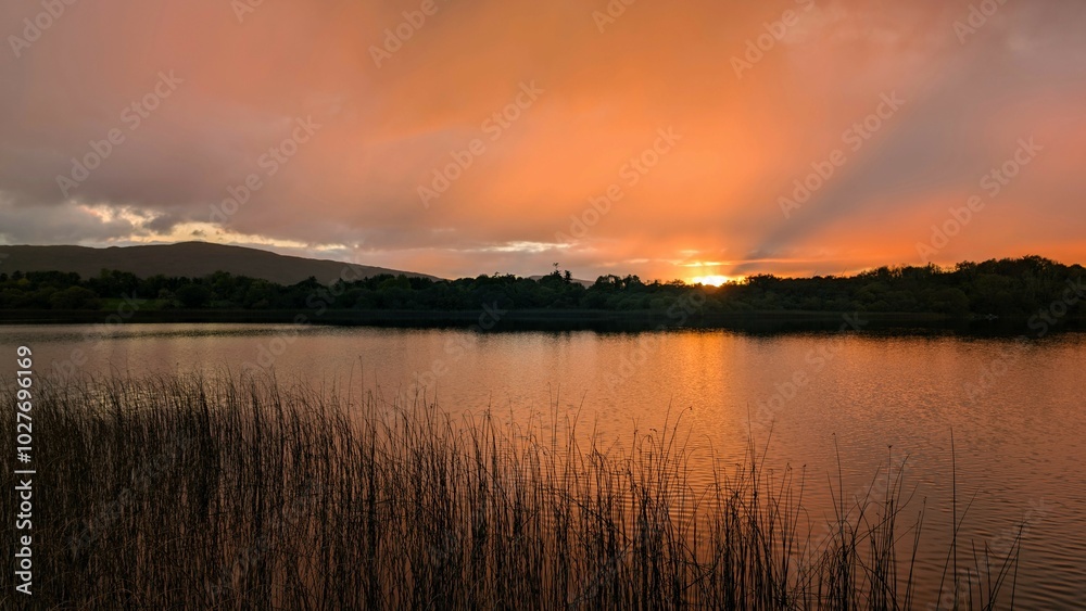 Beautiful orange sunset lakeside landscape scenery at Ross lake, Roscahill, Galway, Ireland, nature background