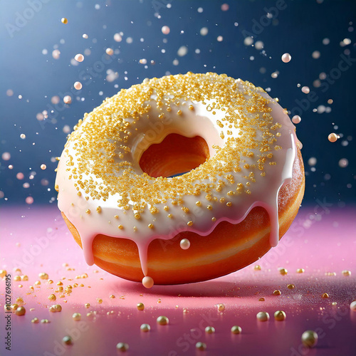 Whimsical 3D illustration of a bitten porcelain donut with pastel pistachio cream and gold sprinkles
