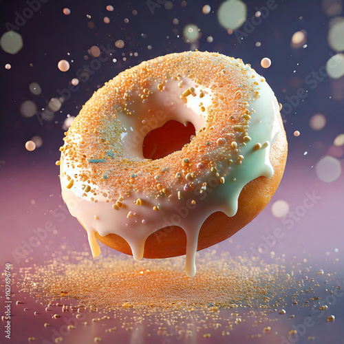 Whimsical 3D illustration of a bitten porcelain donut with pastel pistachio cream and gold sprinkles