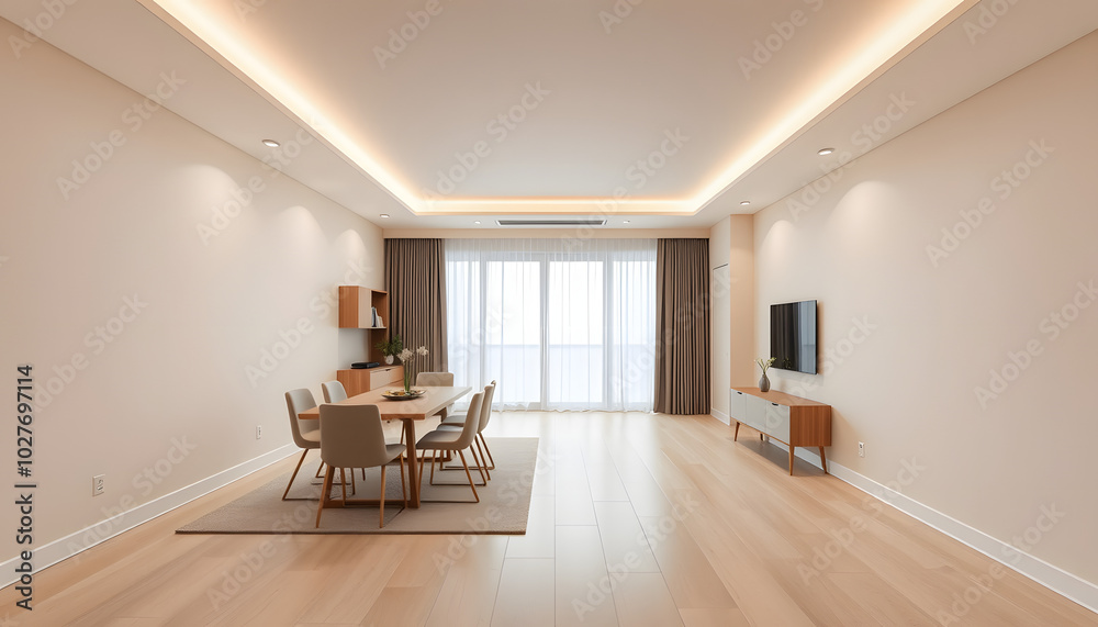 Fototapeta premium Modern interior design of apartment, dining room with table and chairs, empty living room with beige wall, panorama isolated with white highlights, png