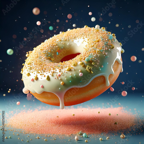 Whimsical 3D illustration of a bitten porcelain donut with pastel pistachio cream and gold sprinkles