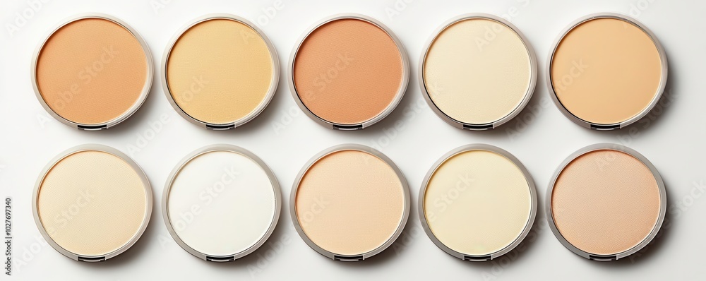 Group of smooth compact powders in different shades, laid out in a grid pattern for a modern magazine ad layout Group of smooth compact powders in different shades, laid out in a grid pattern for a modern magazine ad layout