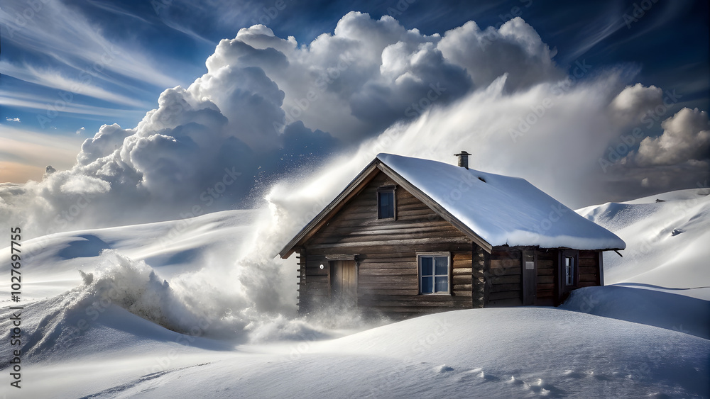 Fierce Blizzard Burying Cabin Under Heavy Snow and Winds. Perfect for: Winter Solstice, National Weather Preparedness Day, rural retreats Fierce Blizzard Burying Cabin Under Heavy Snow and Winds. Perfect for: Winter Solstice, National Weather Preparedness Day, rural retreats